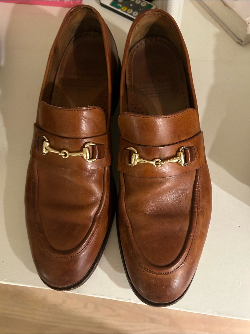 Cole Haan Tan Leather Bit Loafers with Gold Hardware